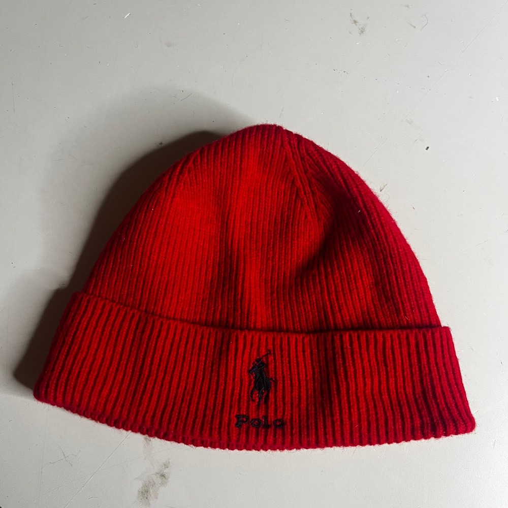 Polo Ralph Lauren Red Ribbed Knit Beanie Hat Navy Blue Embroidered Pony Logo
